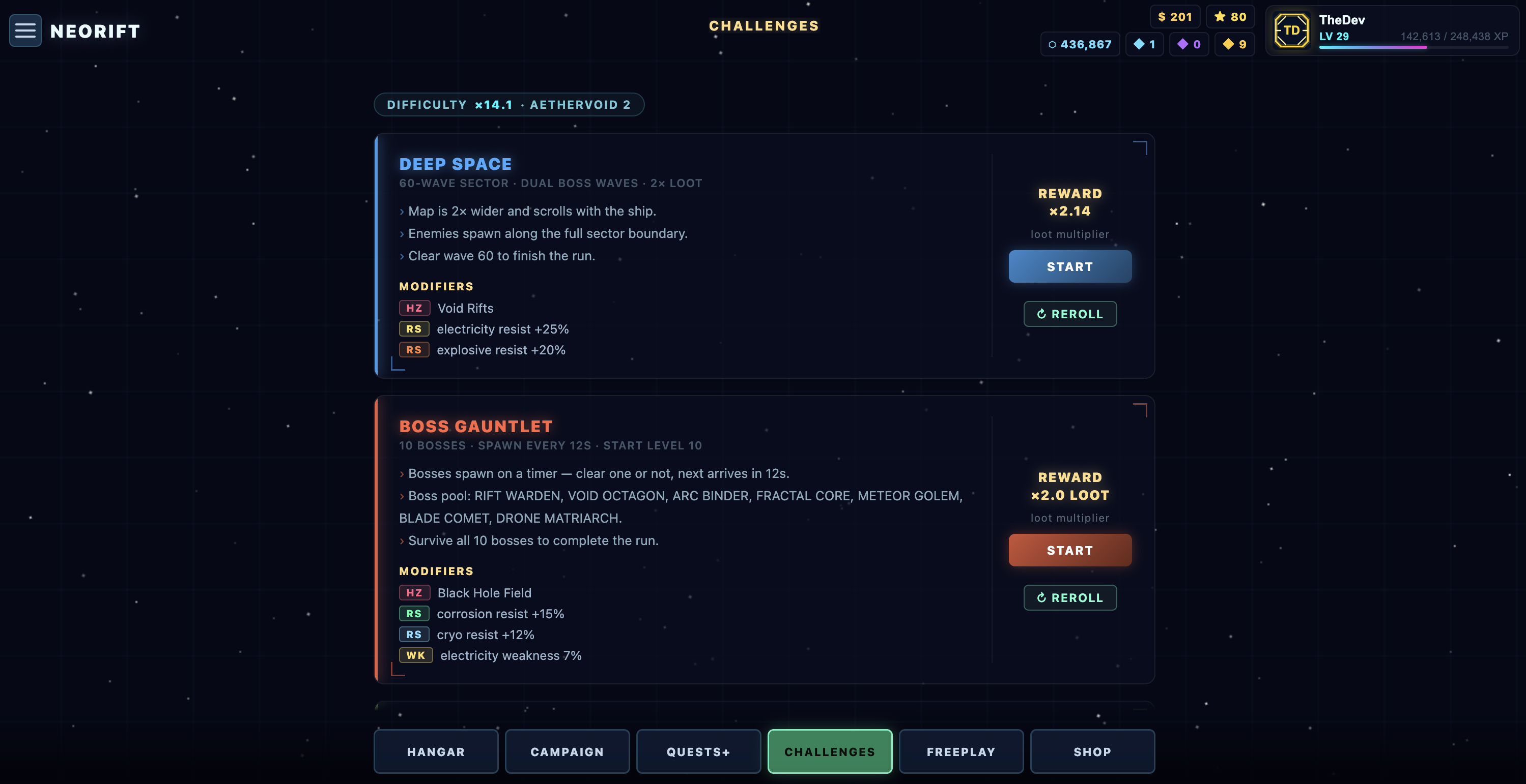 Neorift challenges page showing Deep Space and Boss Gauntlet cards with modifiers and reward multipliers